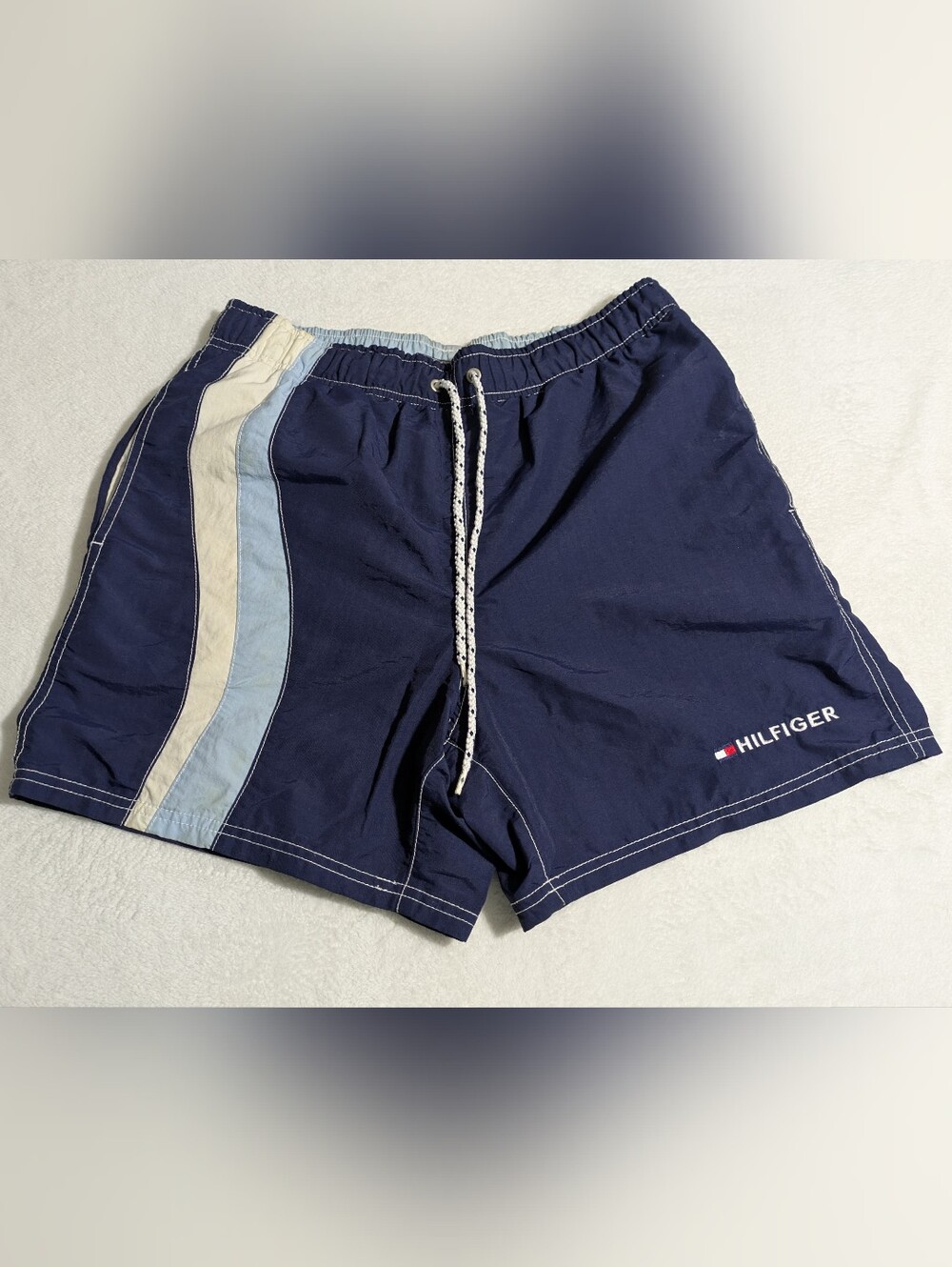 Vintage Tommy Hilfiger Swim Trunks Men's Medium Navy Blue Striped Board Shorts